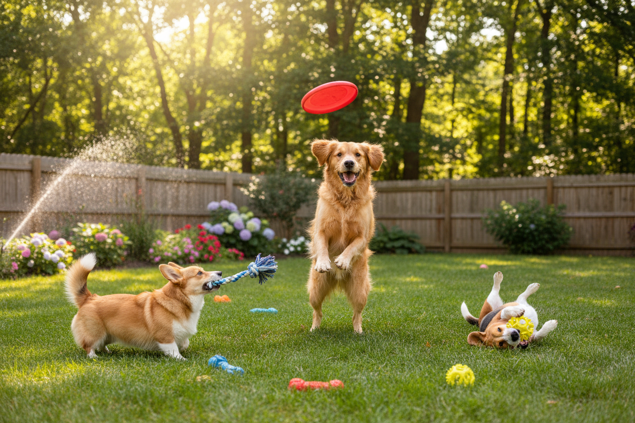 dogs playing with toys